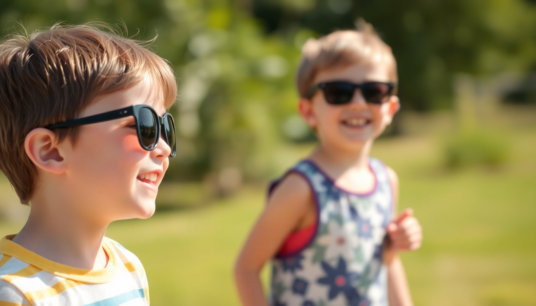 Zwei lächelnde Kinder tragen schwarze Sonnenbrillen für Kinder im sonnigen Garten