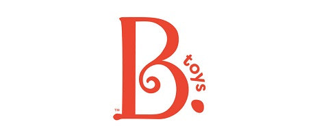 Logo von B. Toys in roter Schrift auf weißem Hintergrund für kreative Kinderspielzeuge