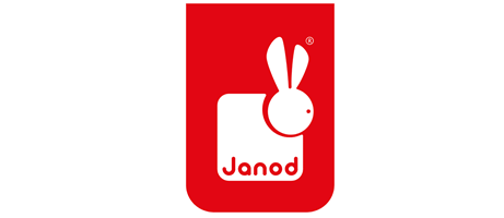Logo der Marke Janod mit weißem Hasen auf rotem Hintergrund für pädagogisches Spielzeug