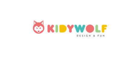 Kidywolf Logo in bunten Retro-Farben auf schwarzem Hintergrund für Kinderaccessoires Marke