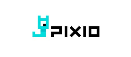 PIXIO Logo mit minimalistischen schwarzen und türkisfarbenen Pixelwürfeln auf weißem Hintergrund