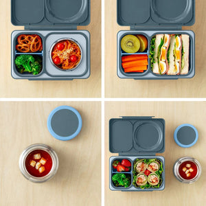 Lunchbox mit Thermosbehälter OmieBox Up – Graphite mit verschiedenen Lebensmitteln wie Sandwich, Brokkoli, Karotten und Suppe