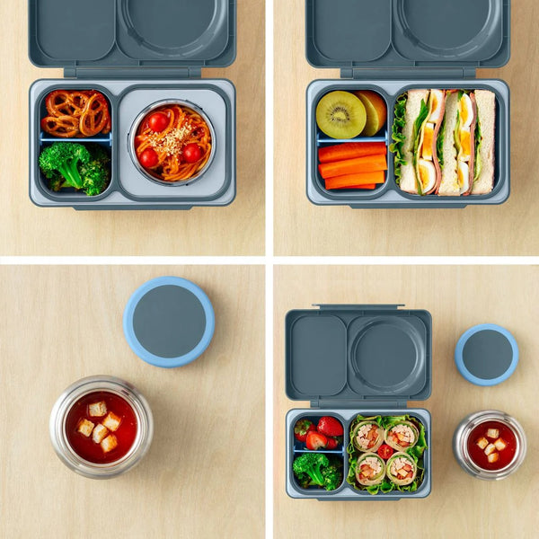 Lunchbox mit Thermosbehälter OmieBox Up – Graphite mit verschiedenen Lebensmitteln wie Sandwich, Brokkoli, Karotten und Suppe