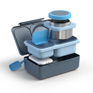 Lunchbox mit Thermosbehälter OmieBox Up – Graphite in Blau und Graphit mit mehreren Fächern und Edelstahlbehälter