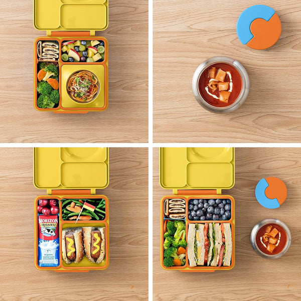 Lunchbox mit Thermosbehälter OmieBox – Sunshine mit farbigen Fächern und verschiedenen Mahlzeiten gefüllt