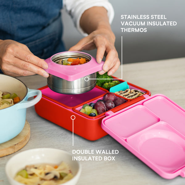 Lunchbox mit Thermoskanne OmieBox – Pink Berry aus Edelstahl mit isoliertem Innenbehälter und mehreren Fächern