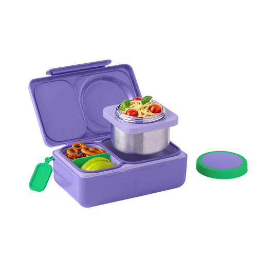 Lunchbox mit Thermosbehälter OmieBox Up – Galaxy Purple offene violette Lunchbox mit Edelstahl Thermosbehälter und kleinen Fächern