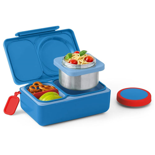 Lunchbox mit Thermosbehälter OmieBox Up – Cosmic Blue mit Fächern für Snacks und Edelstahl Thermosbehälter
