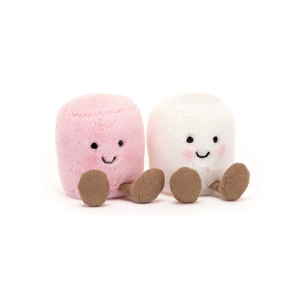 Jellycat Plüsch-Marshmallows 9 cm in rosa und weiß mit freundlichen Gesichtern und braunen Füßen