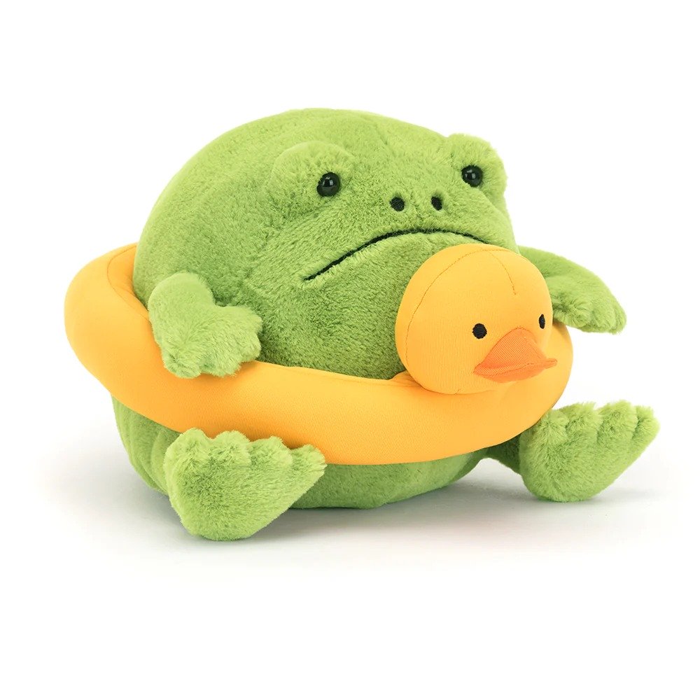 Plüsch-Regenfrosch Ricky mit Entchen zum Schwimmen 18 cm von Jellycat, weiches Kuscheltier