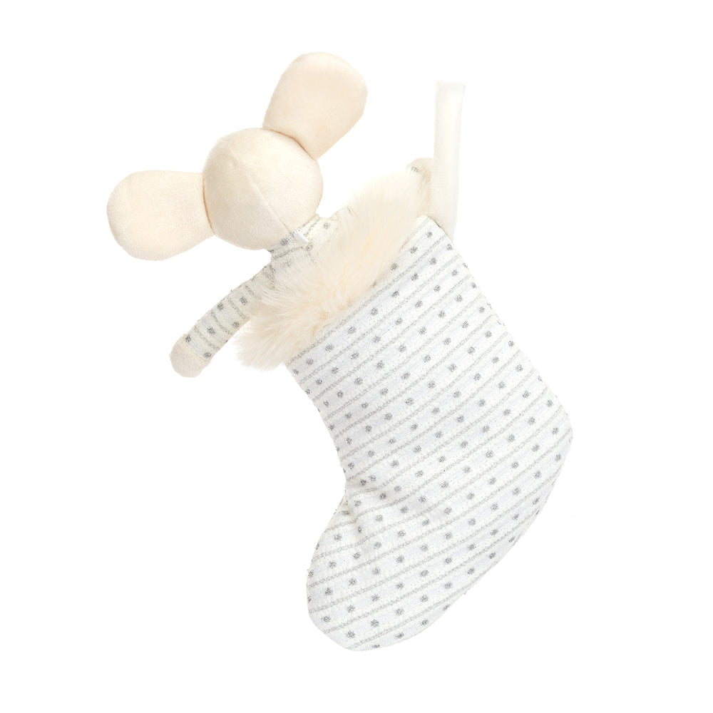 Jellycat Plüschmaus – Shimmer Stocking Mouse Kuschelmaus in weiß mit gepunktetem Strumpf
