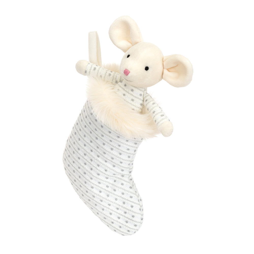 Jellycat Plüschmaus – Shimmer Stocking Mouse Kuschelmaus in weiß mit gepunktetem Strumpf