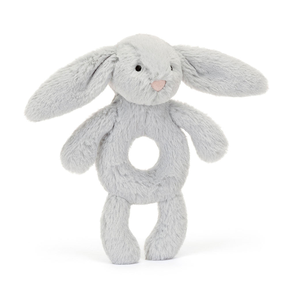 Jellycat graue Rassel Hase Baby aus weichem Plüsch mit Ring in der Mitte zum Greifen
