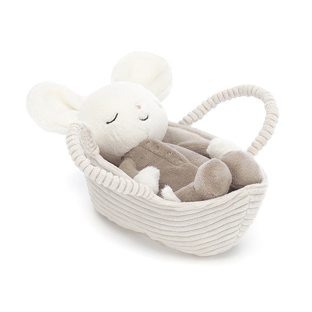 Jellycat Plüschmaus im Korb – Rock-a-Bye 19 cm weiche Kuschelmaus mit grauem Outfit im gestreiften Korb