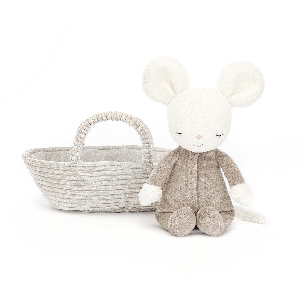 Jellycat Plüschmaus im Korb – Rock-a-Bye 19 cm weiche Kuschelmaus mit grauem Outfit im gestreiften Korb