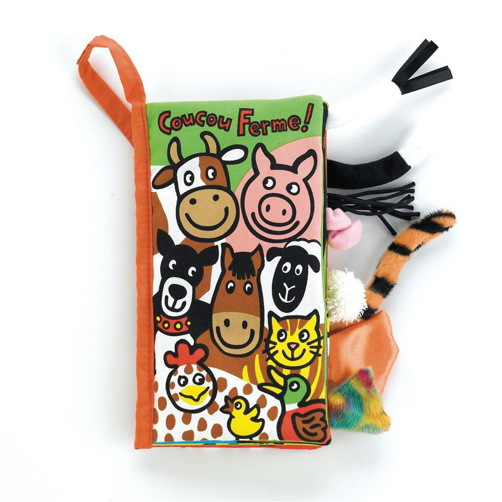 Jellycat Książeczka Sensorisches Buch Coucou Ferme mit bunten Bauernhoftieren und interaktiven Elementen