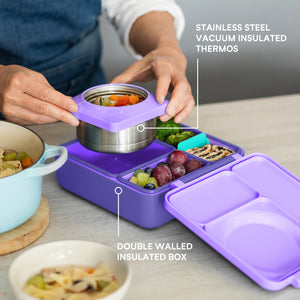 Lunchbox mit Thermoskanne OmieBox – Purple Plum auslaufsichere lila Brotdose mit Edelstahl-Thermosbehälter