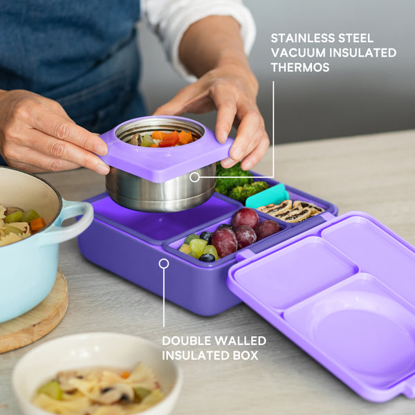 Lunchbox mit Thermoskanne OmieBox – Purple Plum auslaufsichere lila Brotdose mit Edelstahl-Thermosbehälter