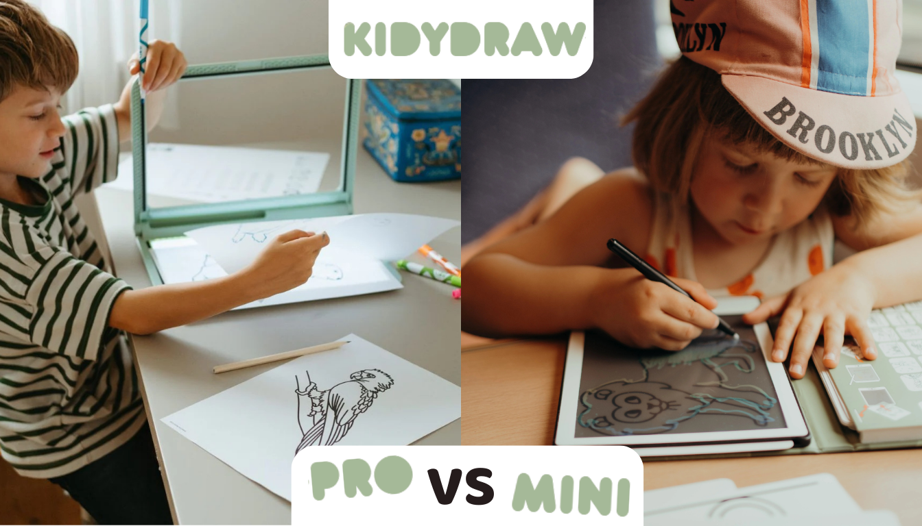 Vergleich von KIDYDRAW PRO und MINI mit Kindern, die zeichnen und ihre Kunstwerke erstellen