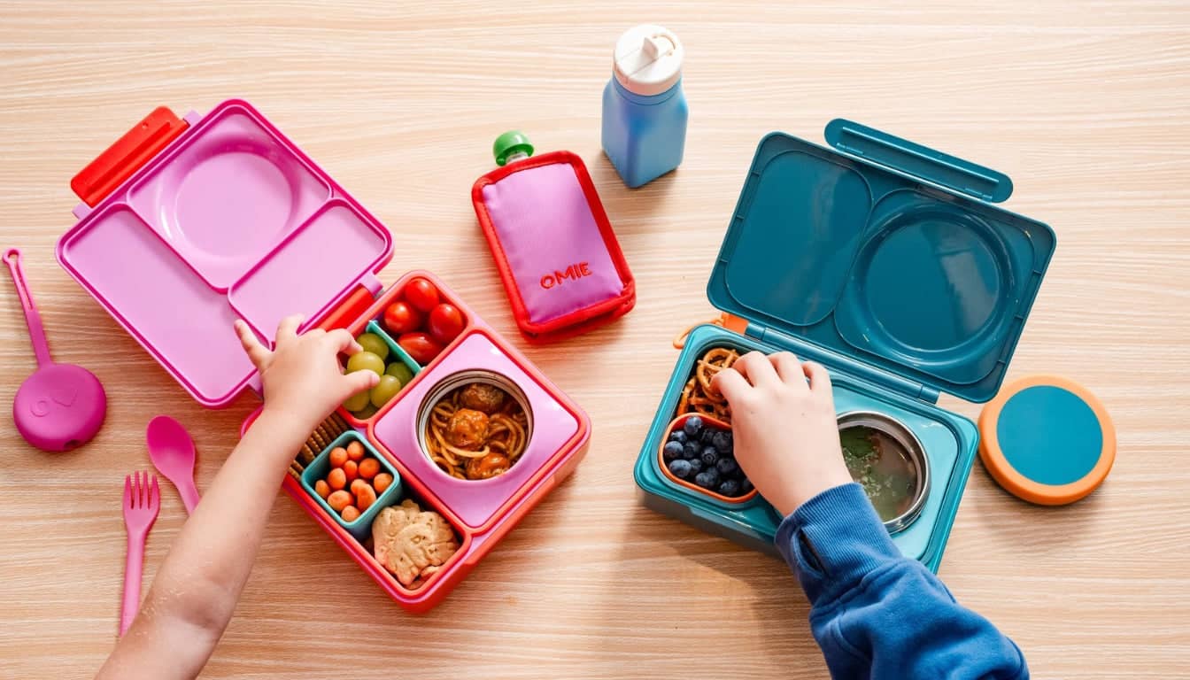 Kinder essen aus farbenfrohen Omie Lunchboxen mit Thermobehälter – warme und kalte Speisen kombiniert in einer Brotdose
