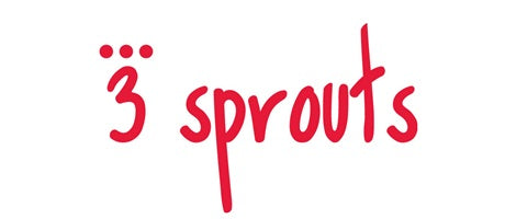 3 Sprouts Logo in roter Schrift auf weißem Hintergrund für nachhaltige Kinder-Spielzelte und Tunnel