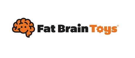 Logo von Fat Brain Toys mit stilisiertem Gehirn in Orange und schwarzem Text