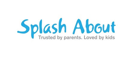 Splash About Logo in Blau mit dem Slogan Trusted by parents Loved by kids auf weißem Hintergrund