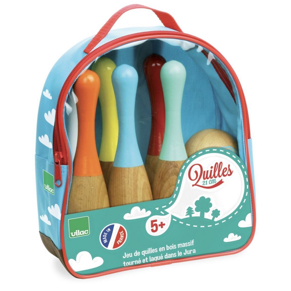 Holz-Kegelspiel – 6 Kegel & 2 Kugeln im Tragetasche