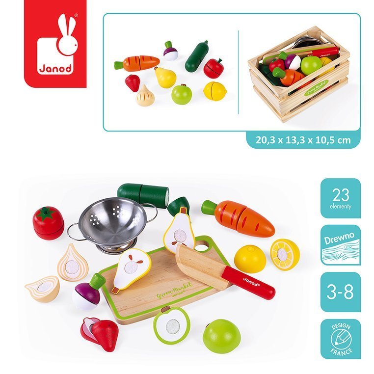 Holzkiste mit Obst und Gemüse zum Schneiden und 23 Zubehörteilen.