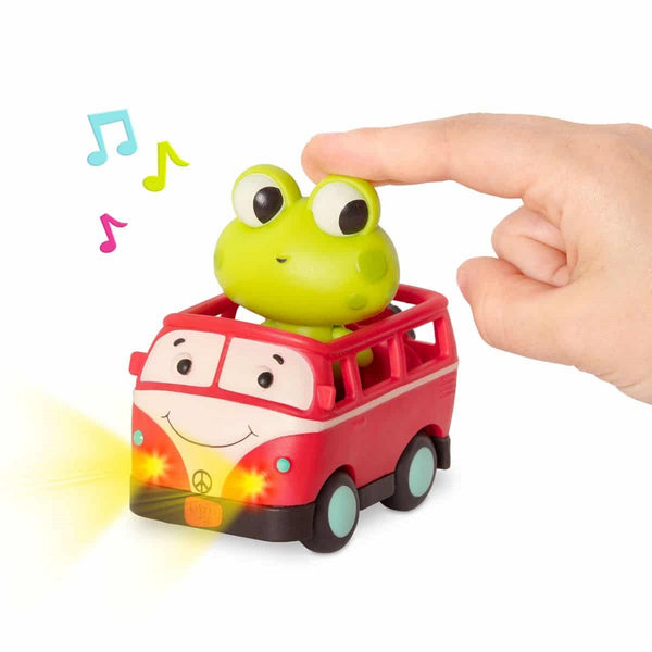 Druck auf den Frosch schaltet Licht und Sound beim Bus von B. Toys ein