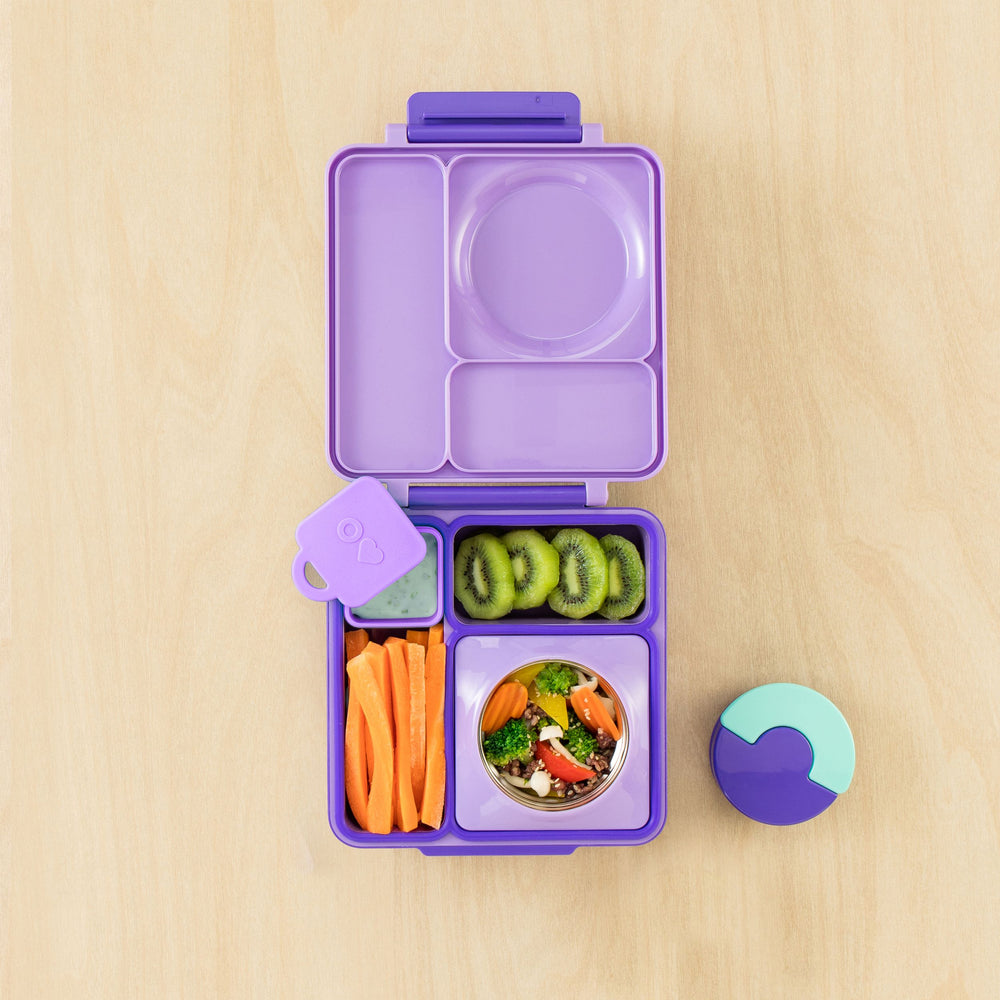 Zwei luftdichte Behälter für die Lunchbox OmieDip – Purple Orange
