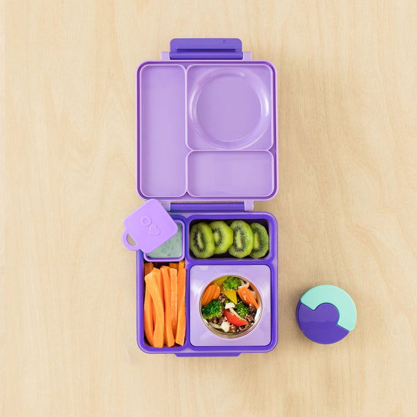 Zwei luftdichte Behälter für die Lunchbox OmieDip – Purple Orange