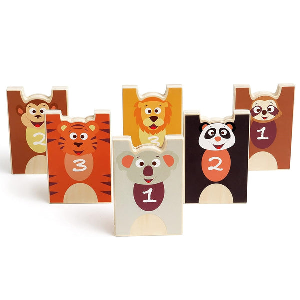 2-in-1-Spiel Pyramide und Holzkegel  – Wilde Tiere