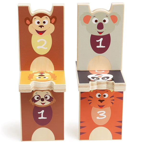 2-in-1-Spiel Pyramide und Holzkegel  – Wilde Tiere