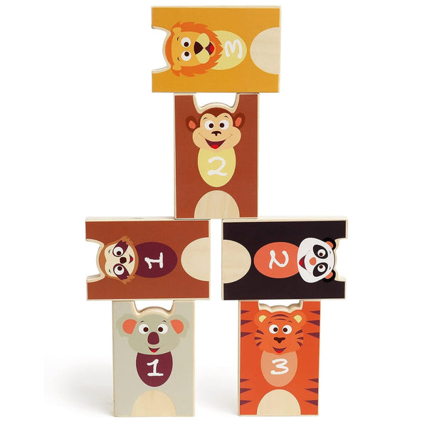 2-in-1-Spiel Pyramide und Holzkegel  – Wilde Tiere