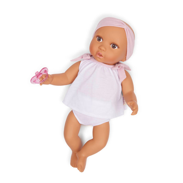 Babypuppe mit Schnuller im zweiteiligen Outfit mit Stirnband