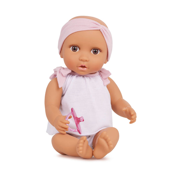 Babypuppe mit Schnuller im zweiteiligen Outfit mit Stirnband