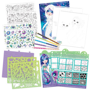 Skizzenbuch mit Buntstiften, Schablonen und Aufklebern – Nenuphia Größe M