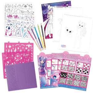 Skizzenbuch mit Buntstiften, Schablonen und Aufklebern – Nebulia Größe M