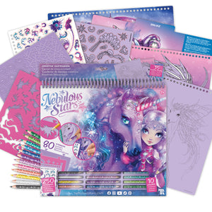 Großes Skizzenbuch mit Buntstiften, Schablonen und Aufklebern – Pferde, Größe L