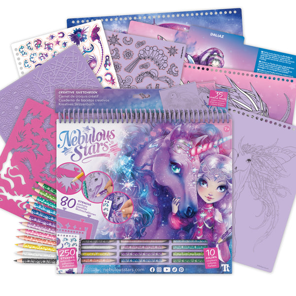 Großes Skizzenbuch mit Buntstiften, Schablonen und Aufklebern – Pferde, Größe L