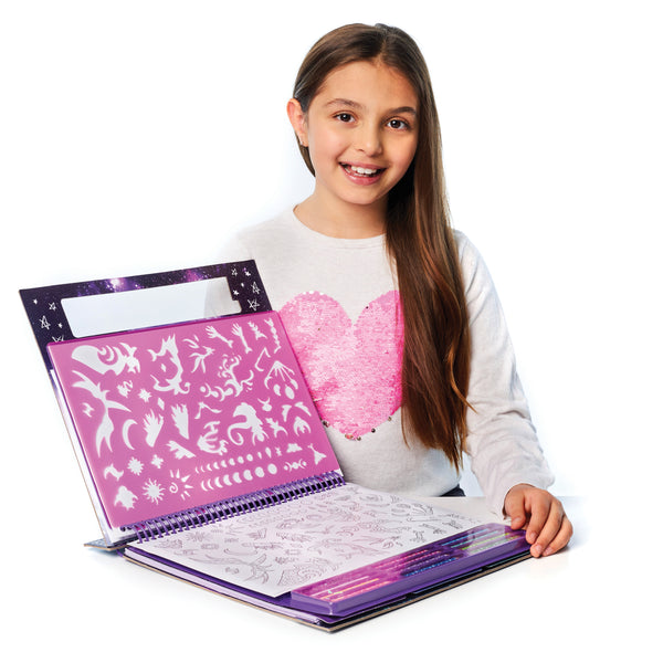 Großes Skizzenbuch mit Buntstiften, Schablonen und Aufklebern – Pferde, Größe L