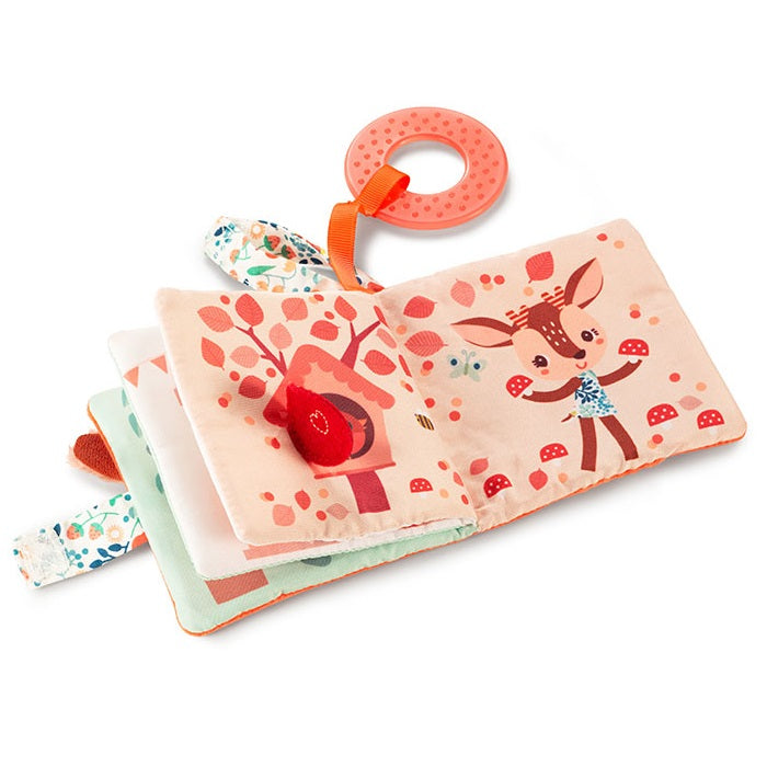 Weiches multifunktionales Mini-Buch mit Silikon-Beißring von Lilliputiens – Rehkitz Stella 6 m+