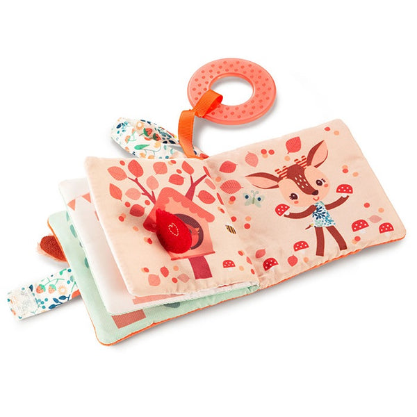 Weiches multifunktionales Mini-Buch mit Silikon-Beißring von Lilliputiens – Rehkitz Stella 6 m+