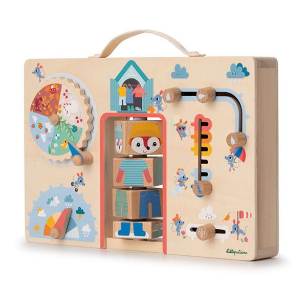 Holz-Manipulationstafel Koffer – „Kleidung für jedes Wetter“ Füchsin Alice