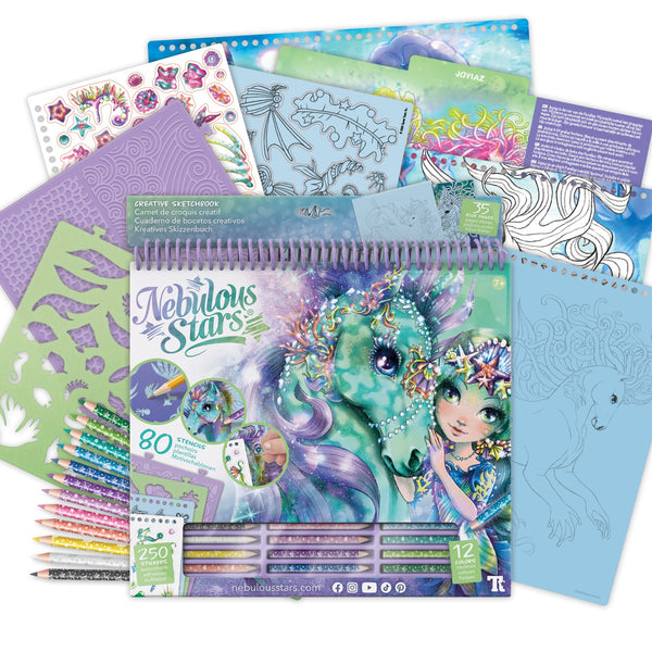 Großes Skizzenbuch mit Buntstiften, Schablonen und Aufklebern – Pferde Ariaz und Joyiaz, Größe L