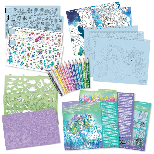 Großes Skizzenbuch mit Buntstiften, Schablonen und Aufklebern – Pferde Ariaz und Joyiaz, Größe L