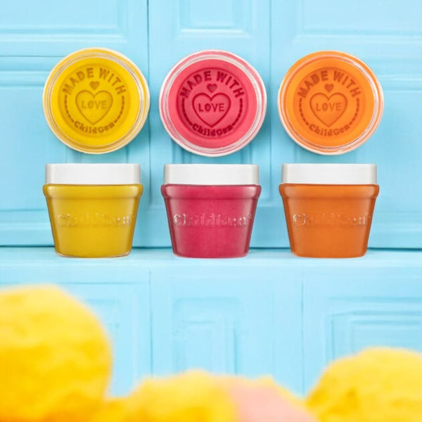 Natürliche Knete in Gläsern – Gelb, Rosa, Orange
