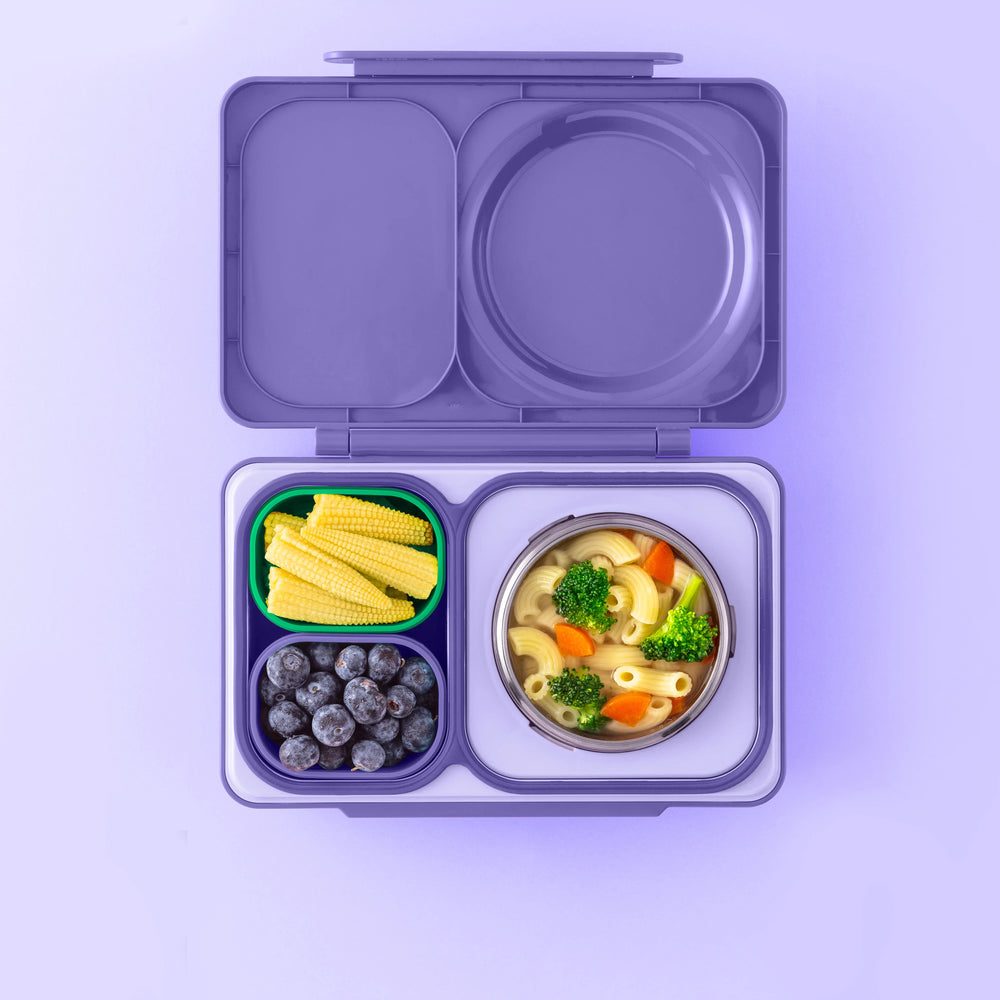 Zwei luftdichte Behälter für die Lunchbox OmieBox UP Dip – Purple Green