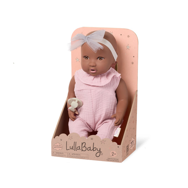 Babypuppe mit Schnuller im rosa Musselinoutfit mit Stirnband